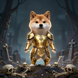 anthropomorphic shiba inu, gold armor, standing on hill, graveyard full of bones and skulls, stuning fantasy 3 d render, masterpiece, glowing dark aura, by donato giancola and greg rutkowski and wayne barlow and zdzisław beksinski, realistic face