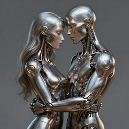 a beautiful android couple male and female embracing lovingly accurate anatomy hyperrealism greg rutkowski metallic artstation digital painting