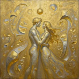 This is the most creative and extraordinary oil painting, without frame, ever created, it\'s about a couple that love each other deeply but can\'t be together, something extremely new to humankind that never existed before, just mind-blowing, shapes that only gods know, golden and silver colors