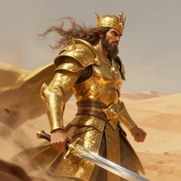 side view of the king of the desert, angry, gold armor suit, sword, dramatic lighting, intricate, wild, highly detailed, digital painting, artstation, concept art, smooth, sharp focus, illustration