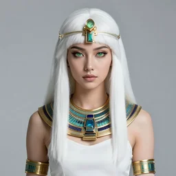perfect white haired attractive egyptian goddess, warframe armor, beautiful, symmetric, dreamy, half asian, pretty face, green eyes, charlize theron, detailed, scifi platform, laboratory, experiment, 4 k, ultra realistic, epic lighting, android body, illuminated, cinematic, masterpiece, art by akihito tsukushi, voidstar