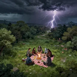 a detailed illustration of a god ruining a picnic in the park, nightmare in the park, calamity, dark storms with lightning, ultrawide lens, aerial photography, natural disaster, 8 k, art by the unemployed philosophers guild