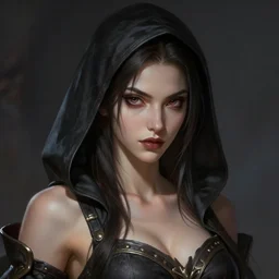 portrait of a young female beautiful thief,upper body,ultrarealistic, evil look, attractive body, D&D, fantasy, intricate, cinematic lighting, highly detailed, digital painting, artstation, concept art, smooth, sharp focus, illustration, art by Artgerm