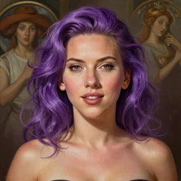portrait of seductive scarlett johanson, purple hair, attractive features, slight smile, highly detailed, digital painting, artstation, concept art, sharp focus, illustration, art by WLOP and greg rutkowski and alphonse mucha and artgerm