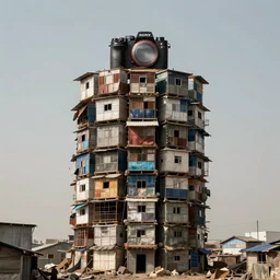 a tower made up of makeshift squatter shacks, dystopia, sony a 7 r 3, f 1 1, fully frontal view, photographed by richard avedon, ultra detailed,