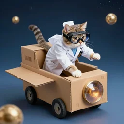 Professional photograph of Doctor cat traversing through time and space in his cardboard time machine wearing goggles. DSLR, high resolution, beautiful composition, action shot
