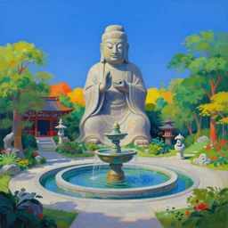 strange weird pagan japanese garden with a big ancient god fountain by beksinski bosch sky by damien hirst, very cohesive and vibrant alive colors, serenity, hyperminimalist, 8 k, surreal oil painting, highly detailed, dream like, masterpiece