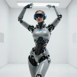 centered portrait photo by bouguereau of female dancer as a cyberpunk mecha humanoid robotic parts wearing goggles with led lights, inside white room, ultra - realistic and detailed, 8 k