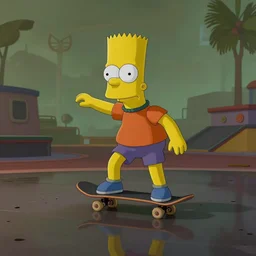 (Bart Simpson) skateboarding at a playground in Night City Cyberpunk 2077, muted cyberpunk style, tranquil, desolate, atmospheric, hazy, sweltering, autochrome, 8k, reflections, octane render, unreal engine 5