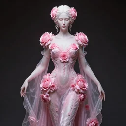 neoclassical professional photorealistic closed detailed portrait of a wonderful symmetrical albino goddess dressed with a majestic semi transparent silk pink roses long dress, ornate, intricate, detailed, dramatic light, award winning, octane render, meredit frampton style