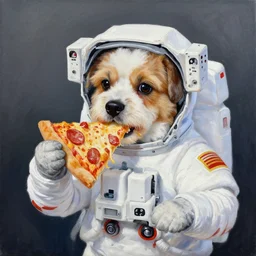 A painting of an astronaut dog eating pizza