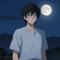 young adult, male, medium length black hair, brown eyes, pale skin, standing on a mountain, night, full moon, anime style