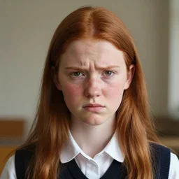 beautiful portrait of a thin adolescent white woman with round face wearing a school uniform, 1 6 yo, annoyed look, skin pores, acne, skin condition, uneven skintone, dry skin flare up, redhead, center parting, straight hair, in the morning, ambient light, sigma 8 5 mm, nikon 5 0 mm f / 1. 8 g, by lee jeffries