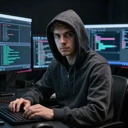 a Portrait of a hacker, computer screens in the background, dark, dramatic, realistic studio lighting, realistic reflections, 4k, professional, canon