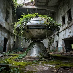 teleportation machine in an abandoned city, with vines growing over it and moss on the floor, as if it's been there for years by charles robinson