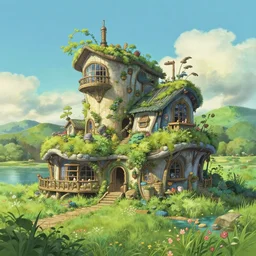 detailed photo of solarpunk house, 8 k, by studio ghibli, alena aenami, utopian architecture, grass, flowers, lake, trending on deviantart, hyper detailed, beautiful lighting, epic environment