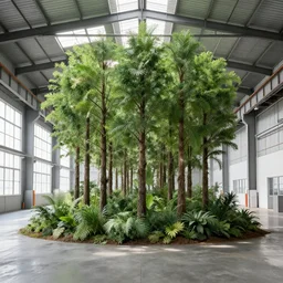 beautiful render of a forest growing inside of a bright industrial warehouse