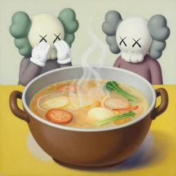 hot soup by shusei nagaoka, kaws, david rudnick, airbrush on canvas, pastell colours, cell shaded, 8 k