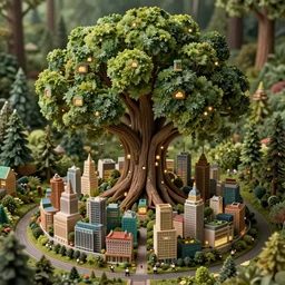 a miniature city built into the trunk of a single colossal tree in the forest, with tiny people, in the style of anton pieck, lit windows, close - up, low angle, wide angle, awe - inspiring, highly detailed digital art