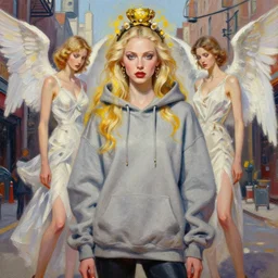 hunter schafer in the style of martine johanna and greg rutkowski, wearing hoodie, madonna surrounded by angels, township! street fashion!,! haute couture!, full figure painting by john berkey, david choe, ismail inceoglu, gorgeous features, detailed impasto brushwork