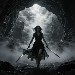 epic portrait cinematic shot an female with large sword runnning in a cave of an giant, cloudy, foggy, storm, night setting. realistic shaded lighting poster by craig mullism, radiant light digital art, trending on art station kvlt by peder balke by guido crepax by norman bluhm mystic high contrast monochromatic noir