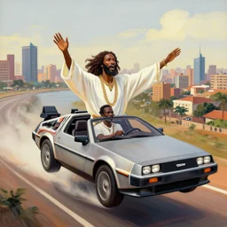 african jesus jesus driving a flying delorean over lagos city in nigeria, art style by ernie barnes,