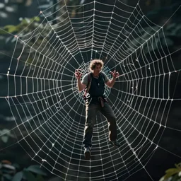 a man stuck in a spider web, by weta digital, cinematic, wildlife photography, 4 k, moody lighting
