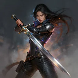 a woman with a sword in her hand, cyberpunk art by ross tran, cgsociety contest winner, fantasy art, speedpainting, ilya kuvshinov, artstation hd