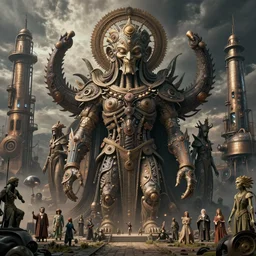 detailed ultrarealistic photography of victorian cyberpunk industrial postapocalyptic organic rustic robust tribal cthulhu statue craig mullins, vallejo, moebius, ian miller, wayne barlowe, greg rutkowski, mucha, brian froud, cinematic, full shot, symmetric