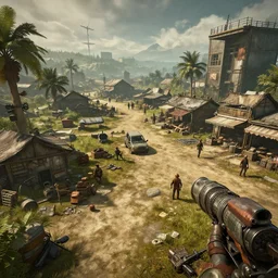 post - apocalyptic trading hub viewed from first - person