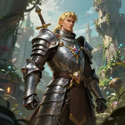 greatest elven warrior, heavy plate armor, intelligent man, legendary, prince, colorful, d & d, fantasy, jungle, castle, interesting angle, illustration, atmosphere, artstation, highly detailed, art by yuho kim