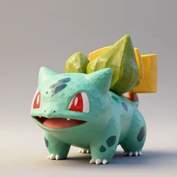 wooden sculpture of pokemon bulbasaur, wide shot, vibrant color details, zbrush, hyper realistic, golden ratio, macro lens, unreal engine, octane render, symmetri