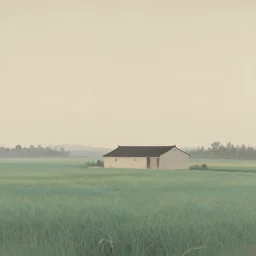 A serene landscape with a singular building in the style of  WU Hsiu-Ming.