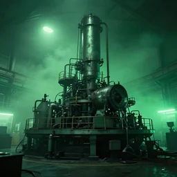 enormous machine standing alone in a factory, green ambient light, light fog, creepy, cinematic still, 4k,