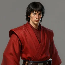 portrait of a man by greg rutkowski, jedi knight, japanese features, short black hair with bangs, tall and muscular, attractive, wearing red colored jedi robes, star wars expanded universe, highly detailed portrait, digital painting, artstation, concept art, smooth, sharp foccus ilustration, artstation hq