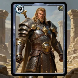 veteran warrior, man in ancient armour, powerful male character from warcraft, character portrait, trading card game art, perfectly shaded, extremely detailed, royal allure, volumetric lighting, 4 k, sharp focus, deserted landscape, ancient stone ruins, art by frank frazetta and greg ruthkowski