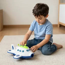 little alien, 5 years old, sitting on the floor, playing with a toy in the form of a space ship