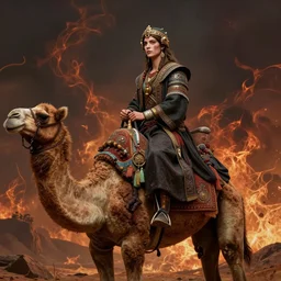 a matte painting of a young gorgeous man with female facial features riding on the back of a camel, hellish background, concept art, by boris vallejo, by julie bell, dark fantastic hyperrealism, daz 3 d, album cover, intricate, ornate, ultra detailed, trending on arstation, artgem