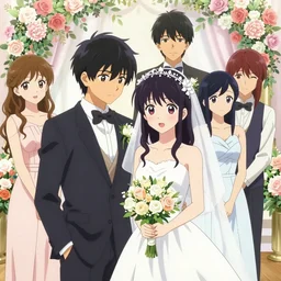 Takagi and Nishikata getting married, High Quality Anime Style, featuring Hibino Mina, Tsukimoto Sanae, Tenkawa Yukari, Houjou, and Sakurai, 8k