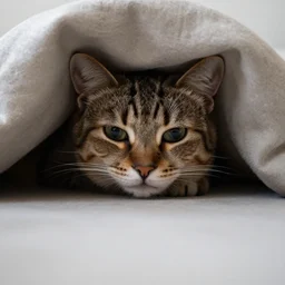 a sadcat laying under a blanket, canon eos r 3, f / 1. 4, iso 2 0 0, 1 / 1 6 0 s, 8 k, raw, unedited, symmetrical balance, in - frame