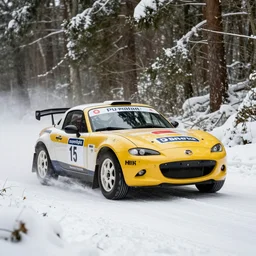 a 2 0 1 0 mazda mx - 5 superlight, racing through a rally stage in a snowy forest