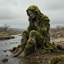 Panorama of a desolate land incorporating a giant 65 year-old Gaia covered in moss, crying softly and humbly, sitting on a dried up river, highly-detailed, elegant, dramatic lighting, artstation, 4k, cinematic landscape