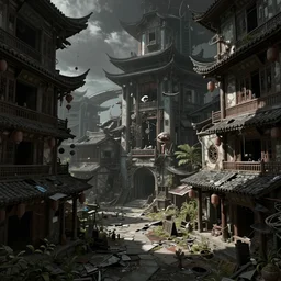 an intricate high contrast, photorealistic concept illustration, abandoned asian street biomes, scifi color palette, style by wlop, by feng zhu, by artgerm, matte painting, vfx, hyper detail, artstation, cgsociety, octane render