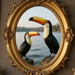 lake and toucan inside an intricate wide oval golden mirror, mirror image, cinematic, filmic, wildlife photography, x - ray, ray tracing reflections, insanely detailed and intricate, hypermaximalist, elegant, ornate, hyper realistic, super detailed, golden hour