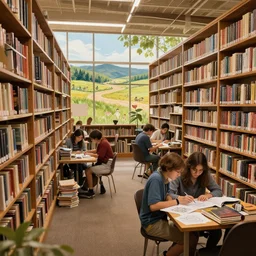 peaceful library of the American frontier with lots of young people building startups, concept art, matte painting