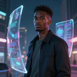 handsome black genius infiltrating the metaverse, cenimatic and dramatic, curved translucent holographic displays, urban atmosphere, cmyk glowing lights, highly detailed, digital painting, artstation, concept art, smooth, sharp focus, illustration, art by wlop, mars ravelo and greg rutkowski