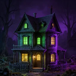 a hyper realistic photo of a miniature haunted house, green purple lights at night