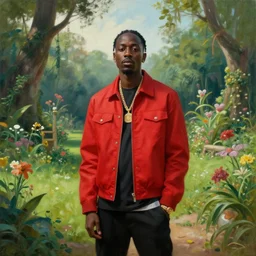 the rapper chief keef wearing a red jacket and standing in the garden of eden, cinematic, landscape painting, beautiful