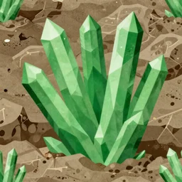 long thick geometric green crystals on rocky ground, detailed ground terrain albedo texture, flat, 2 d texture, seamless