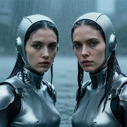 cinestill 5 0 d candid photographic portrait by helen levitt of two cyberpunks wearing rugged silver mesh techwear in treacherous waters, extreme closeup, modern cyberpunk moody depressing cinematic, pouring rain, 8 k, hd, high resolution, 3 5 mm, f / 3 2, ultra realistic faces, ex machina